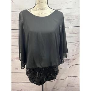 Roz Ali Black Sequin Hem Flowy‎ Batwing Sleeve Blouse Size Large